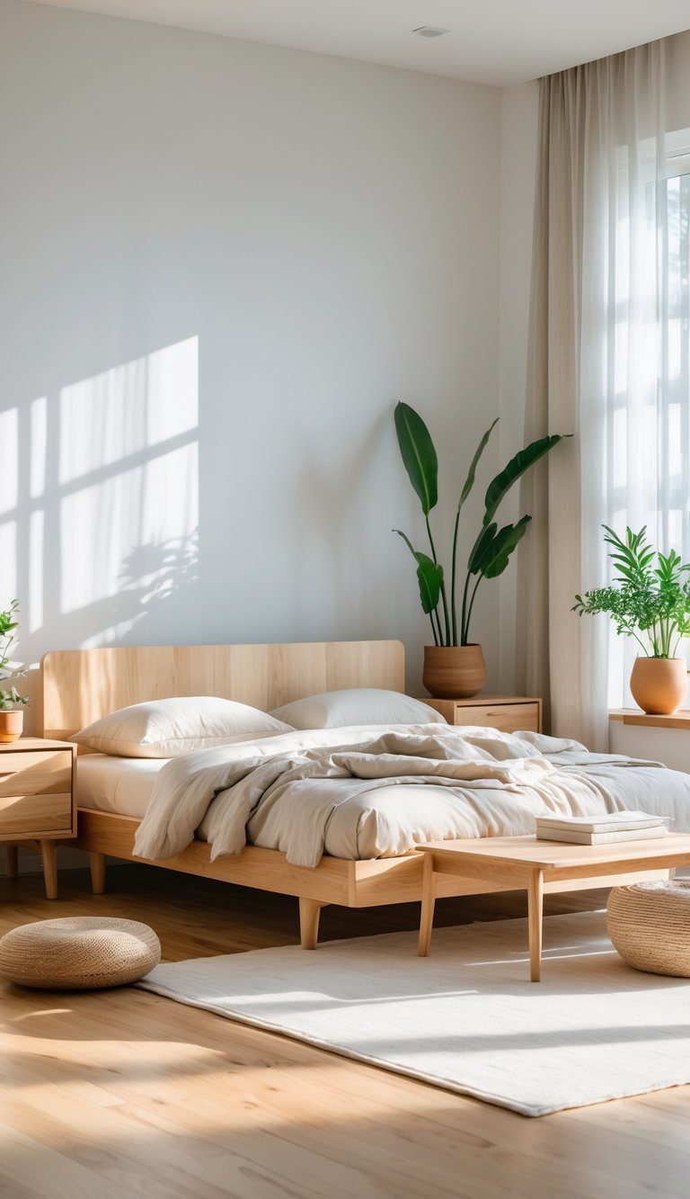 A bright bedroom with wooden furniture, a bed with neutral bedding, plants, and natural light coming through large windows.