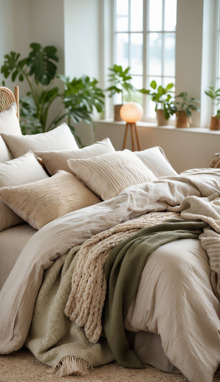 A neatly made bed with layered natural textured bedding in a bright bedroom with wooden furniture and green plants.