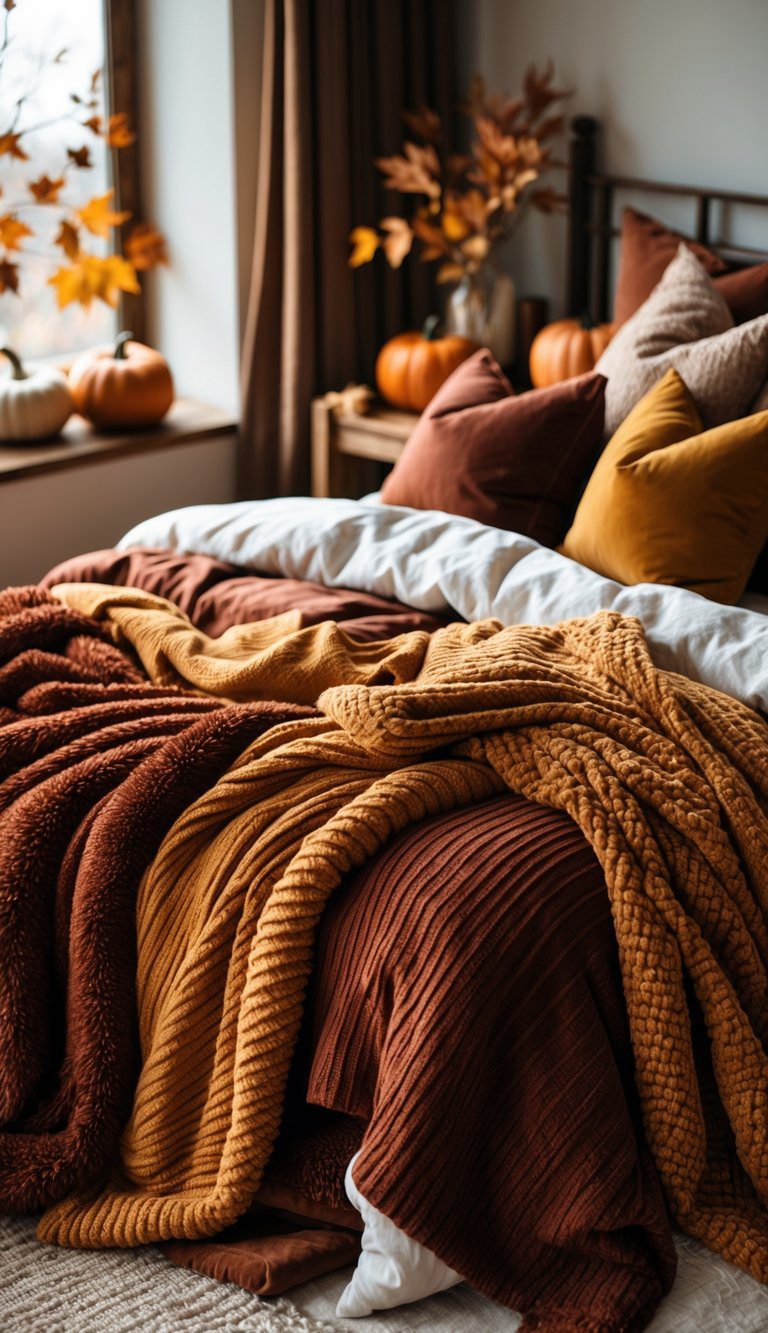 A bedroom with a bed layered with warm-toned plush throw blankets and pillows, decorated with fall-themed accents like pumpkins and dried leaves.