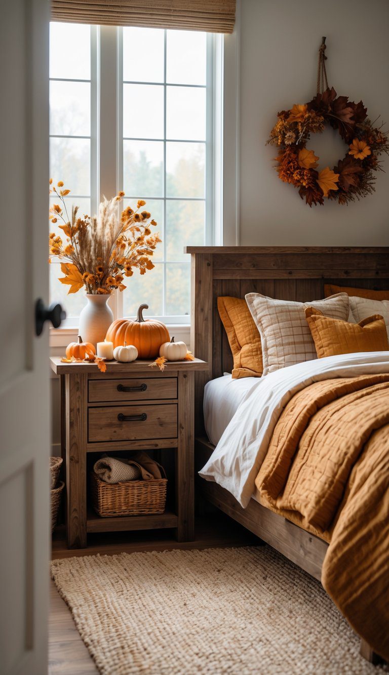 A bedroom with rustic wooden bedside tables decorated with fall items like pumpkins and candles next to a bed with autumn-themed bedding.