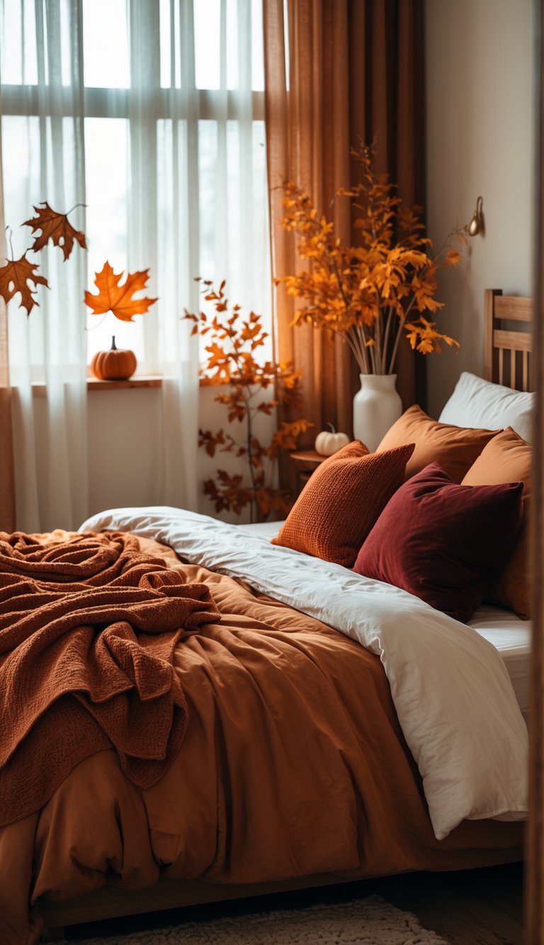 A bedroom with a bed decorated with burnt orange and deep red pillows and warm fall decorations.