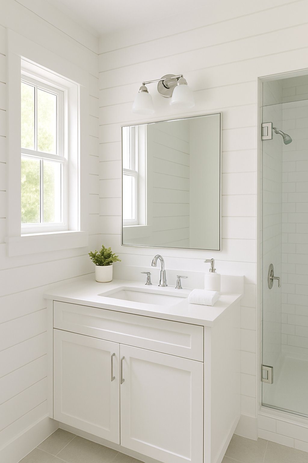 A bright bathroom with white wooden walls, a white vanity, a large mirror, and a glass shower enclosure.