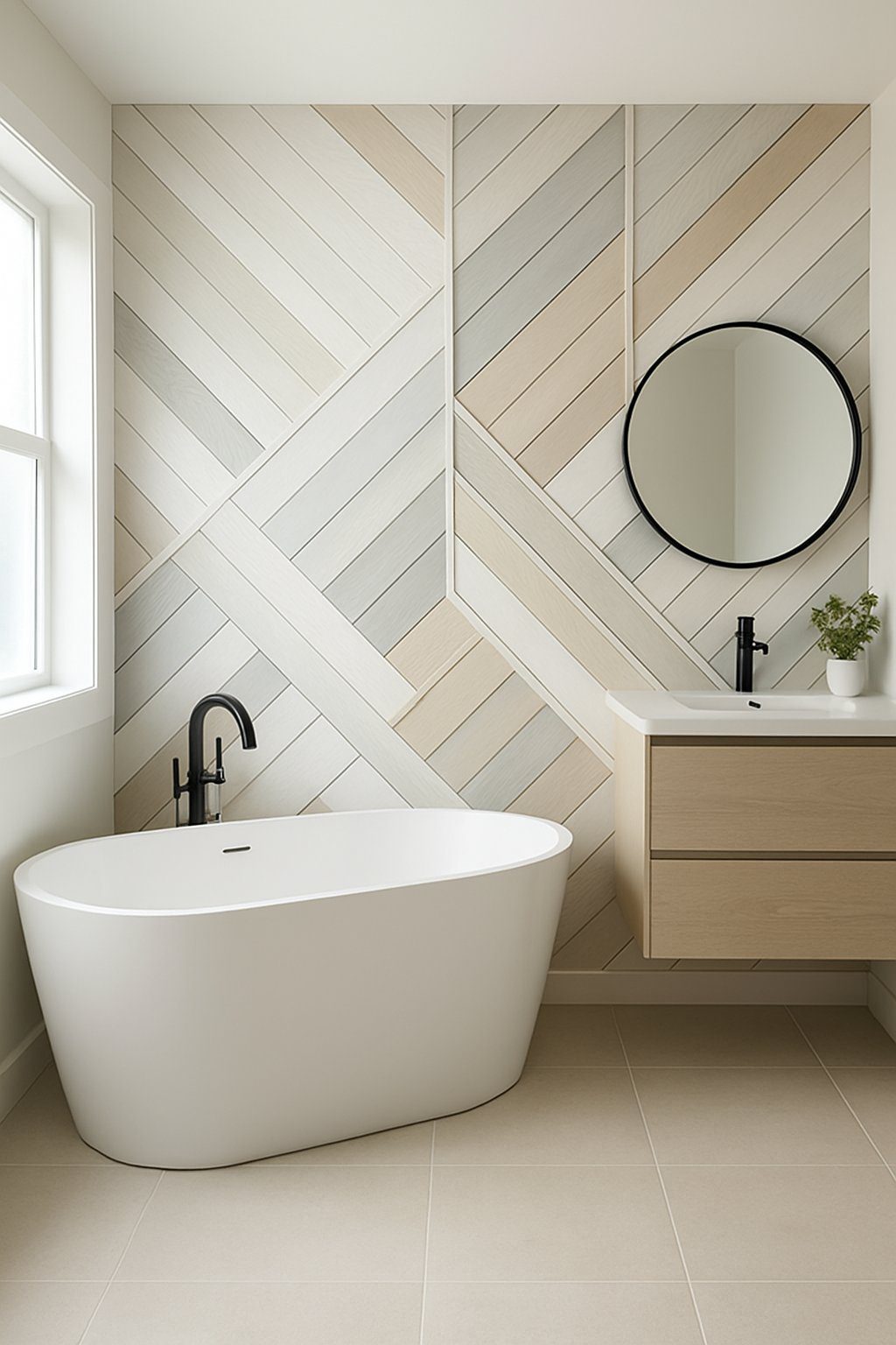 A modern bathroom with a white bathtub, vanity, and geometric patterned wooden walls under natural light.