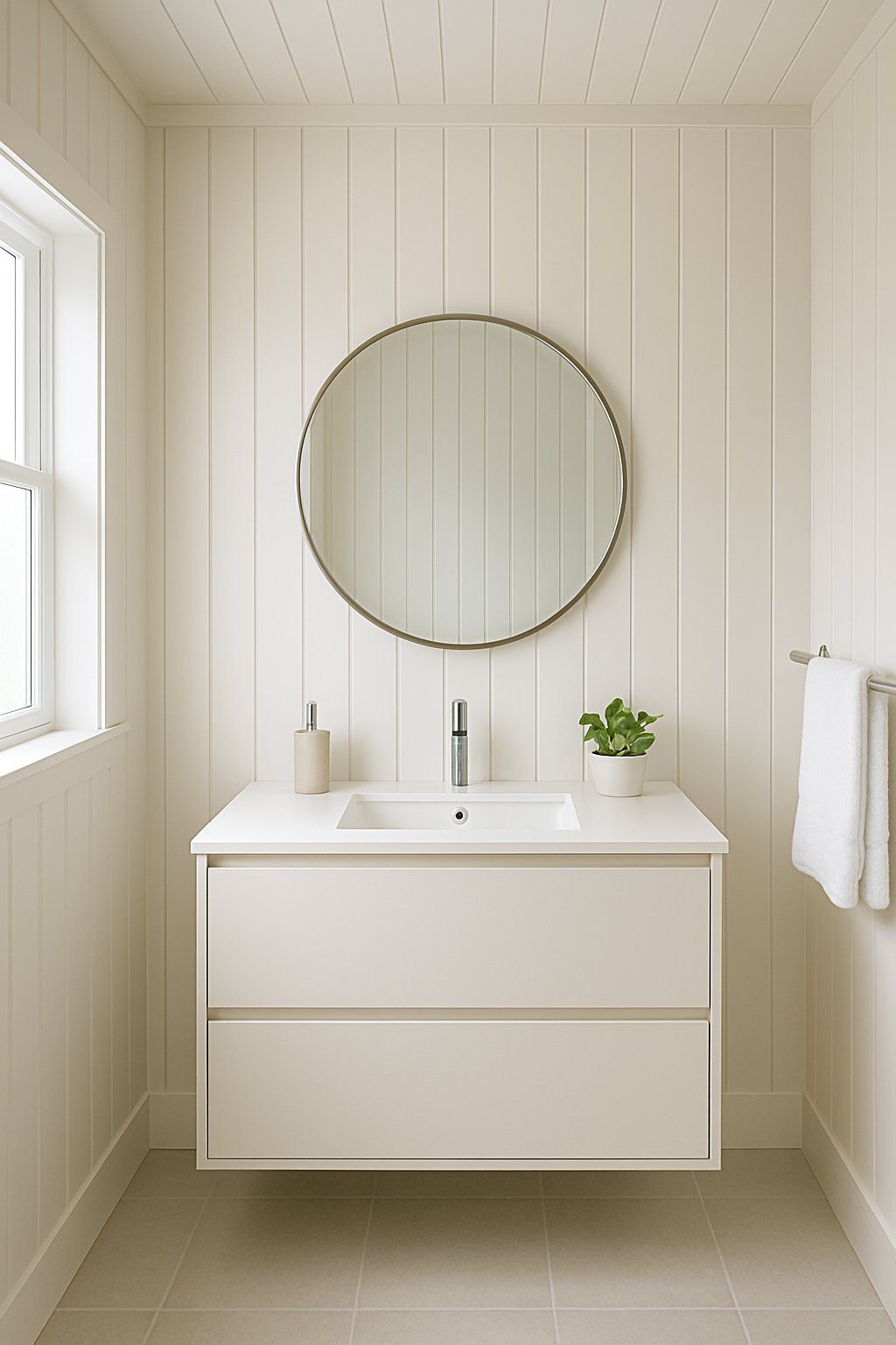 A bright bathroom with vertical wooden wall panels, a white vanity with a round mirror, and natural light coming through a window.