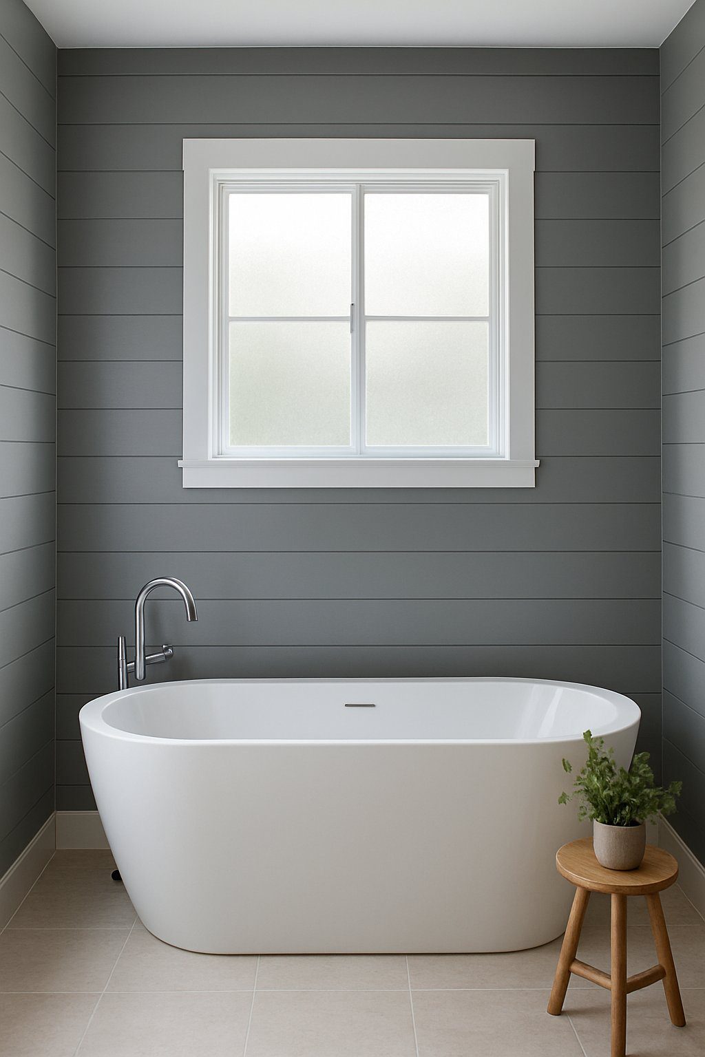 A bright bathroom with gray shiplap walls, a white freestanding bathtub, and a small plant on a wooden stool.