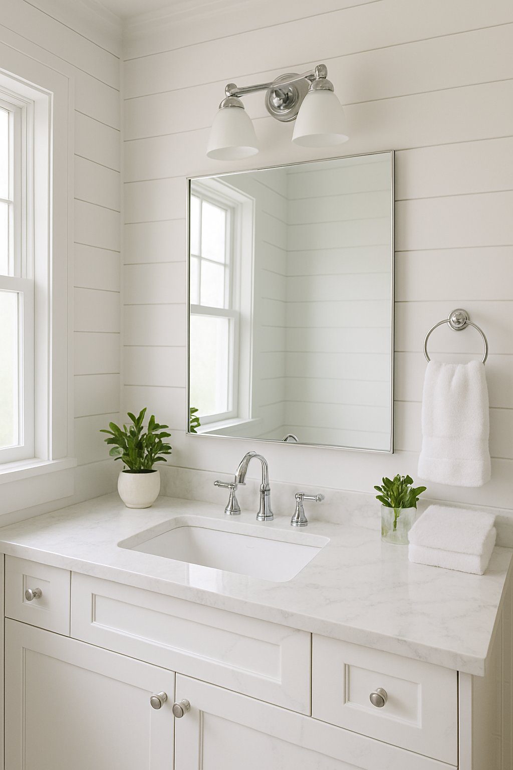 A bathroom with white wooden walls and white marble countertops, a vanity with chrome fixtures, a large mirror, and green plants.