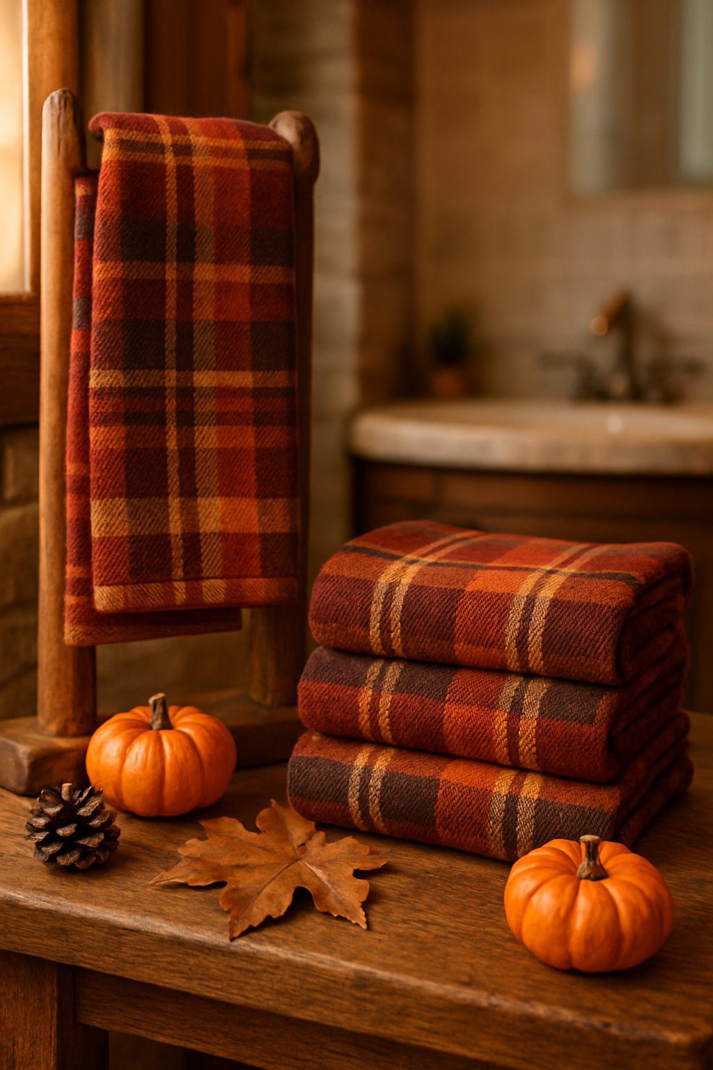 Plaid hand towels arranged in a bathroom with wooden accents and autumn decorations like pumpkins and pinecones.