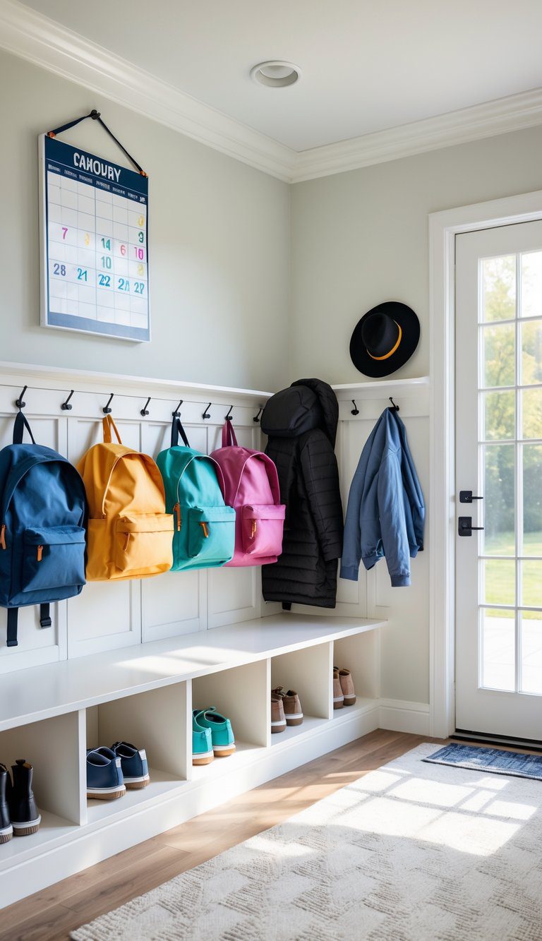 A mudroom with organized storage including backpacks, shoes, jackets, and a wall-mounted calendar showing important dates.