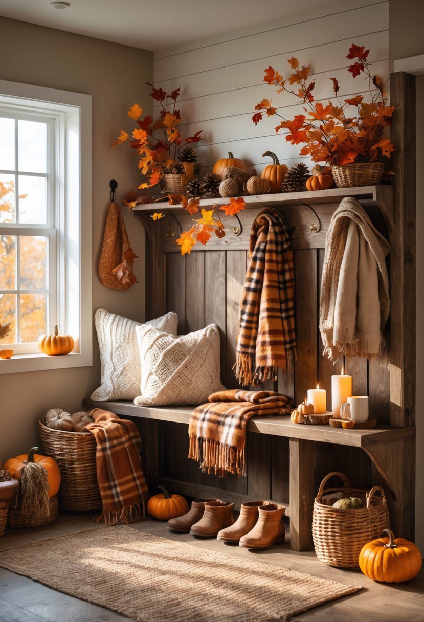 A cozy mudroom decorated with pumpkins, colorful fall leaves, blankets, scarves, and wooden furniture.