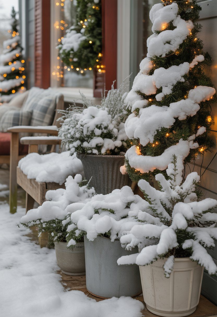 A porch decorated with planters covered in fluffy white faux snow and warm glowing fairy lights.