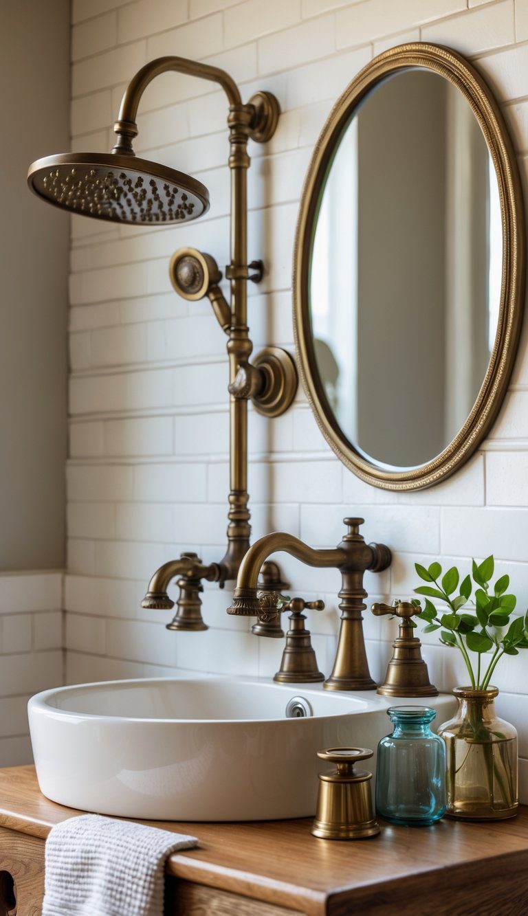 A bathroom sink area with antique brass and bronze faucets, a showerhead, and coordinating fixtures, surrounded by towels and small decorative items.