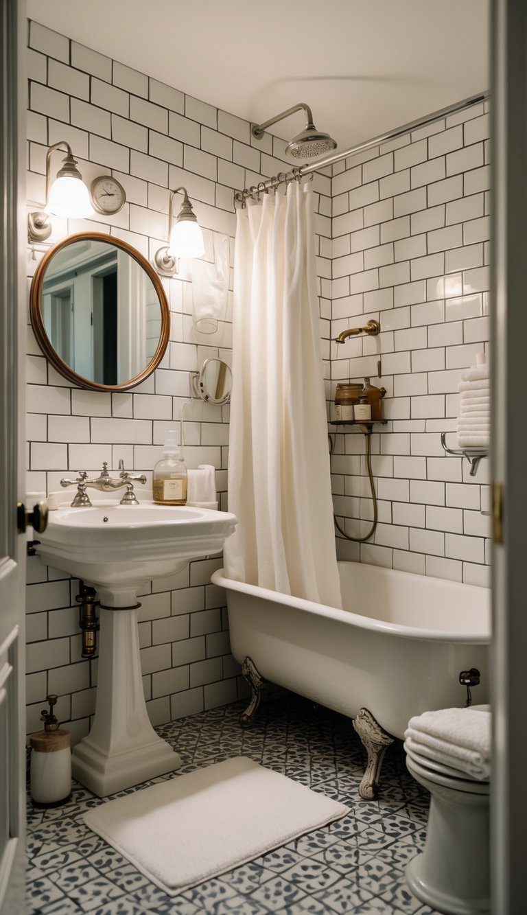 Small bathroom with white subway tile walls, pedestal sink, round mirror, clawfoot bathtub, and vintage accessories.