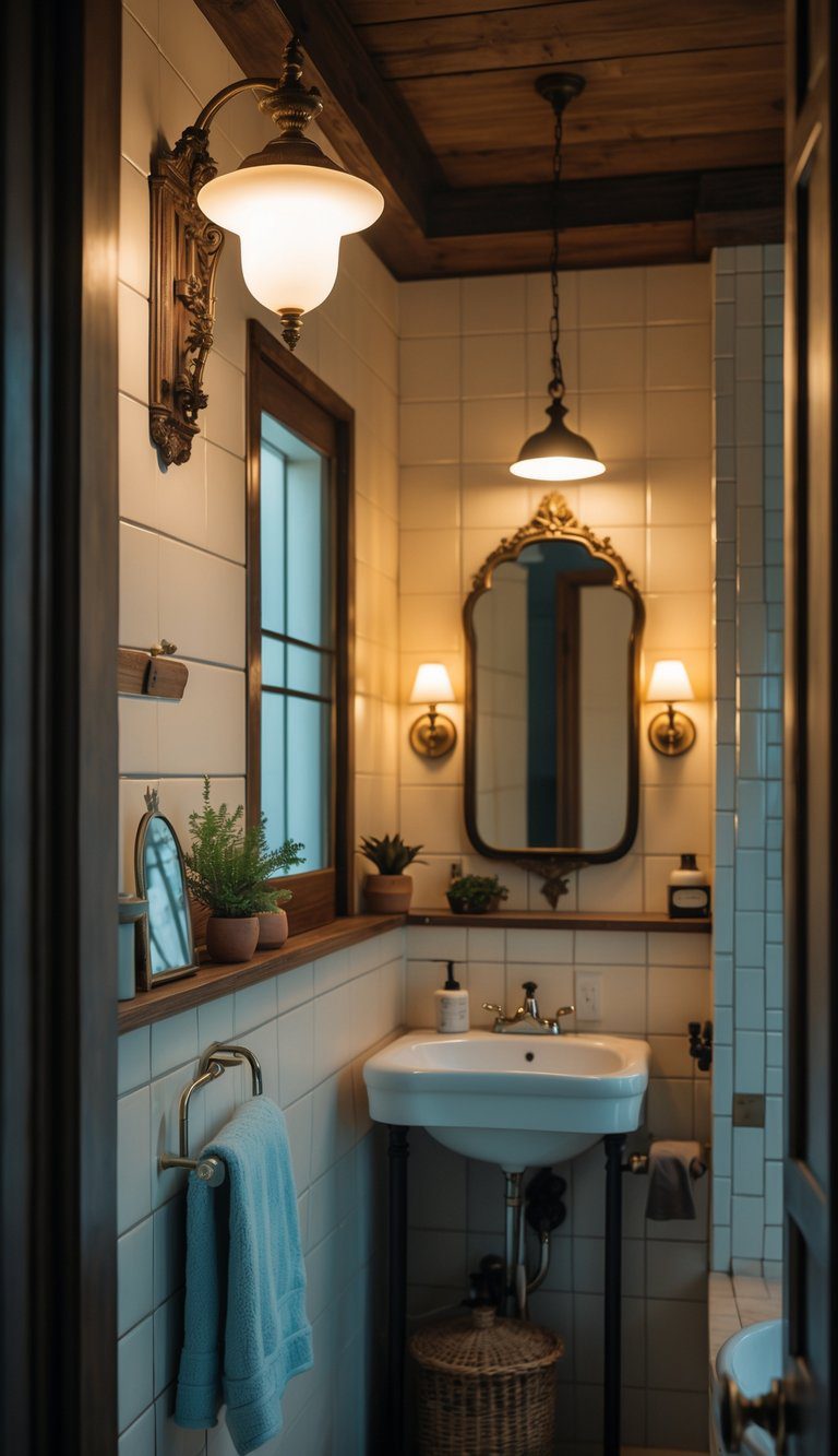 A small bathroom with vintage wall sconces and pendant lights illuminating the space, featuring a vanity and mirror.
