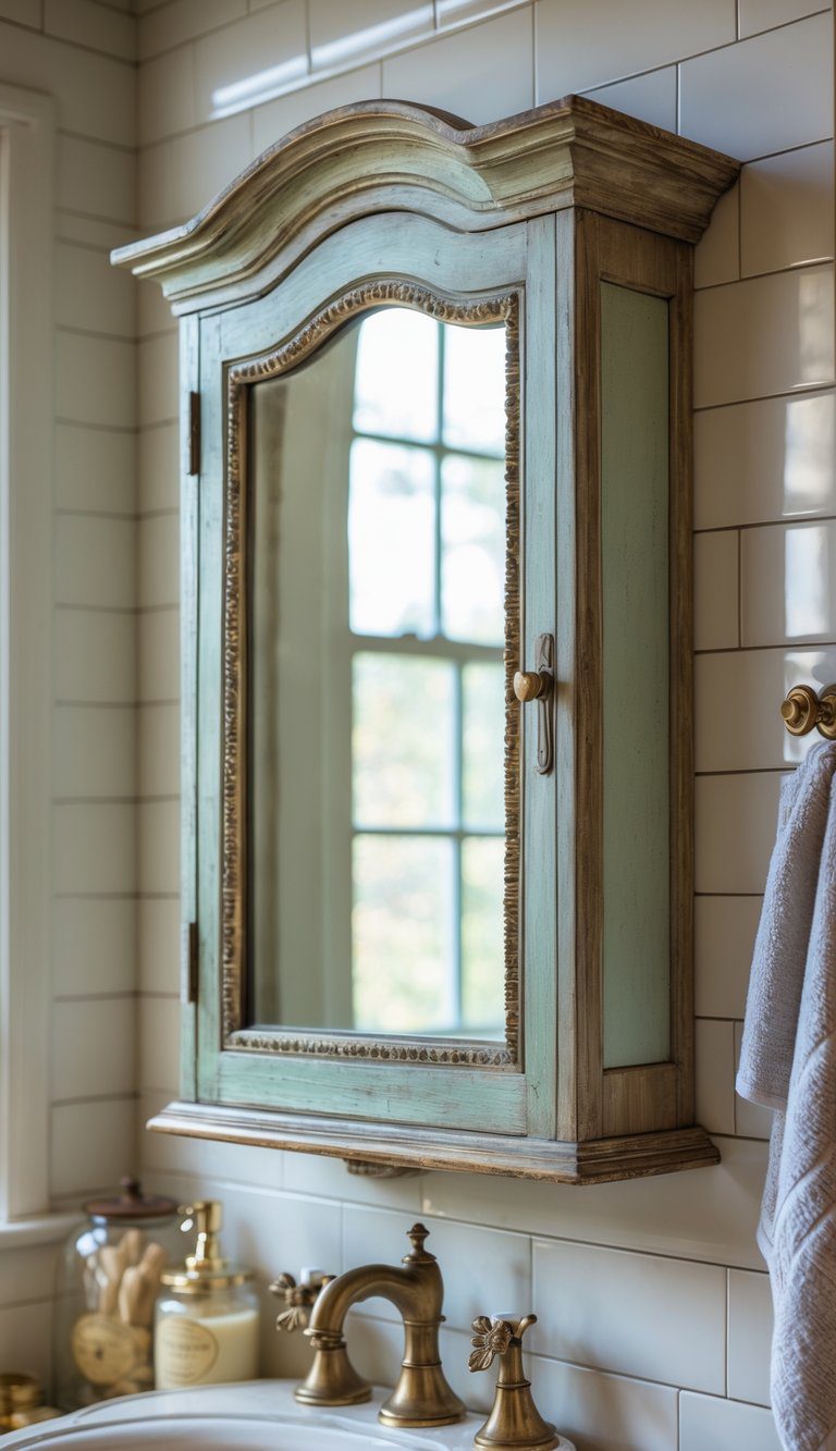A vintage medicine cabinet with a beveled mirror installed above a bathroom sink surrounded by classic bathroom fixtures.