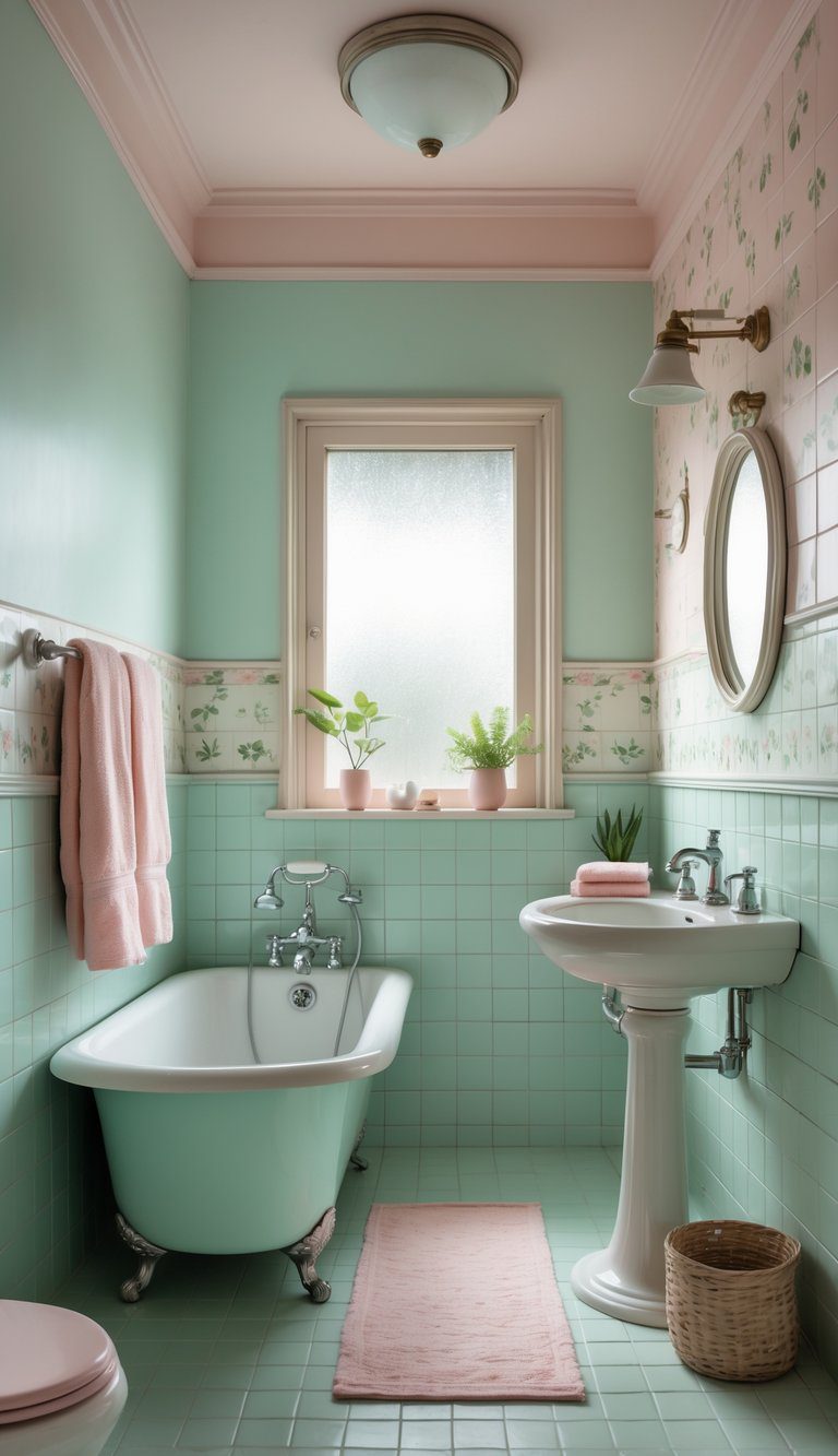 A small bathroom with a clawfoot bathtub, pedestal sink, round mirror, floral tiles, and soft natural light.