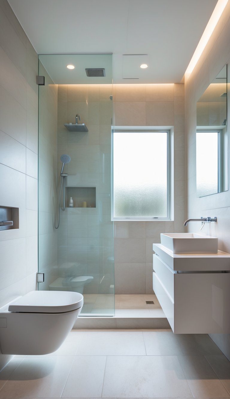 Small bathroom with large porcelain tiles on floor and walls, white vanity, walk-in shower, and natural light.