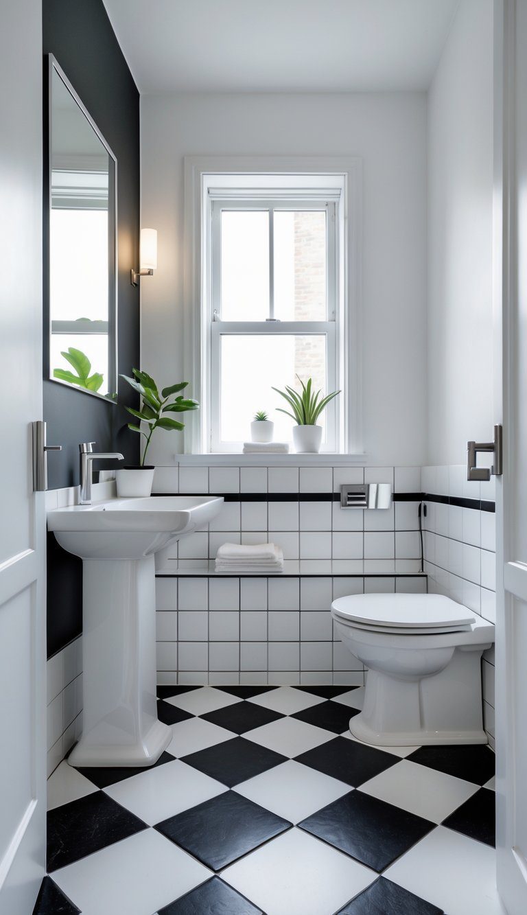 Small bathroom with black and white checkerboard floor tiles, a white sink, mirror, and minimal decorations.