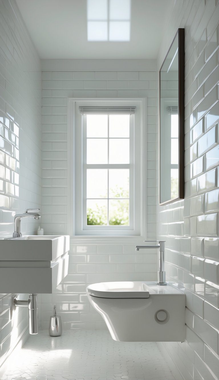 Small bathroom interior with glossy white subway tiles on the walls, a white sink, and a mirror.