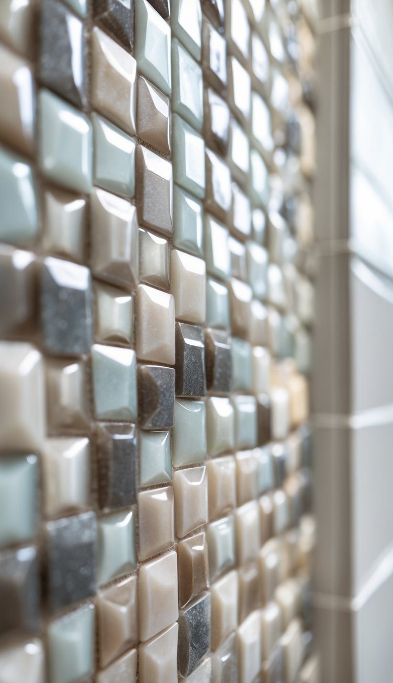 Close-up of hexagonal mosaic tiles arranged on a bathroom wall, showing texture and pattern.