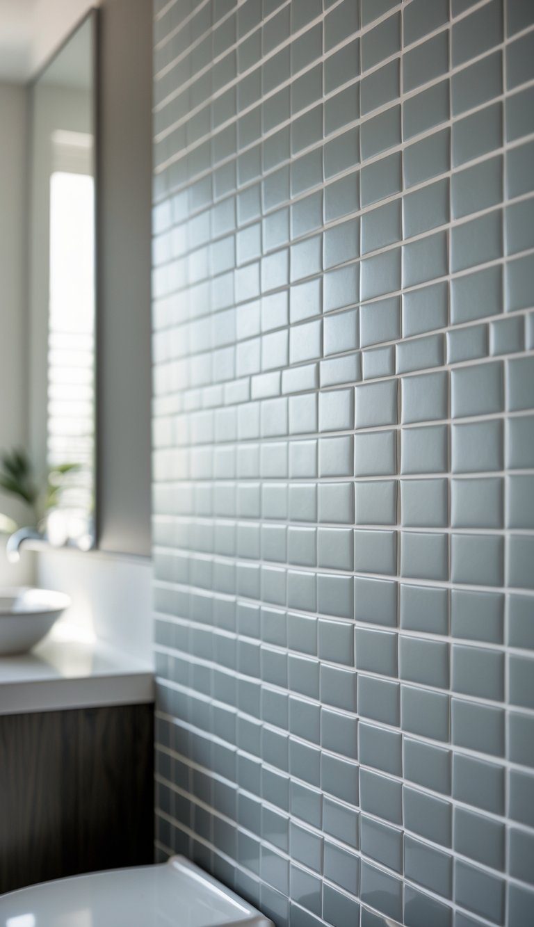 Close-up of small matte gray rectangular tiles arranged in a staggered pattern on a bathroom wall.