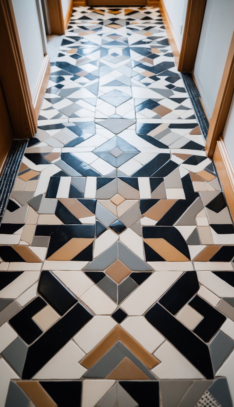 Close-up view of a small bathroom floor with bold geometric patterned tiles arranged in a variety of small square shapes.
