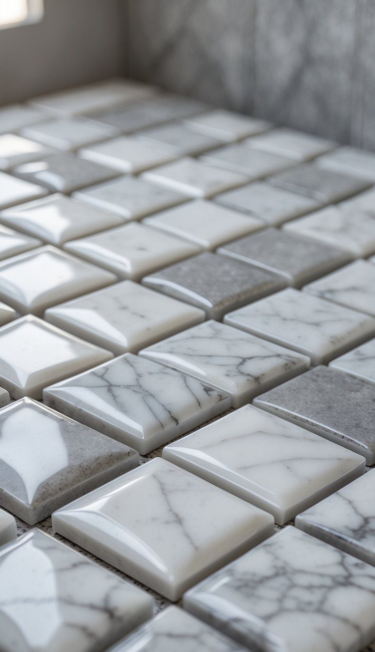Close-up of small square marble-effect ceramic tiles arranged in a grid.