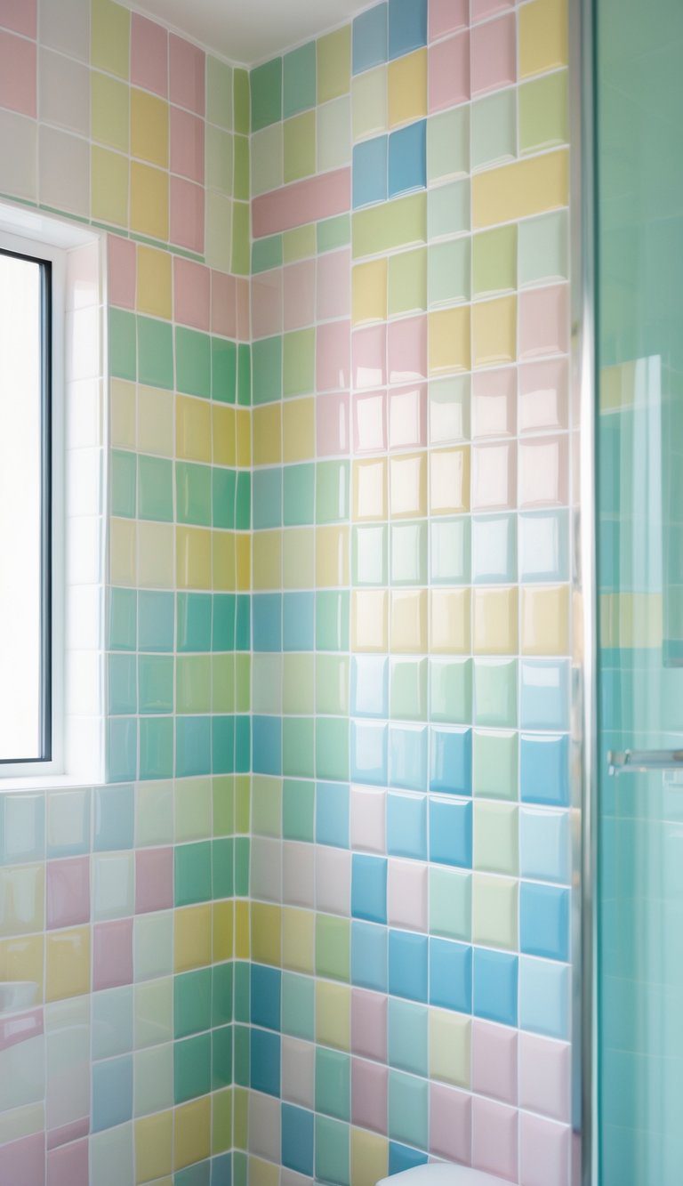 Close-up view of glossy pastel-colored wall tiles in a small bathroom.