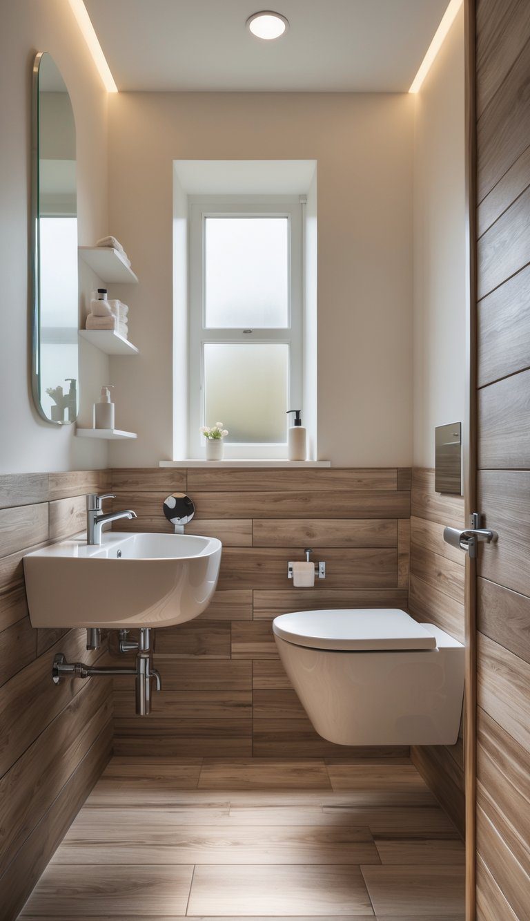 Small bathroom with wood-look porcelain tiles, a white sink, mirror, and natural light coming through a window.