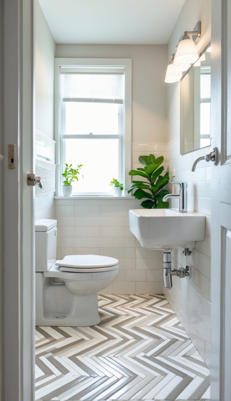 A small bathroom with a herringbone patterned tile floor, a white sink with a chrome faucet, a mirror, and a small green plant.