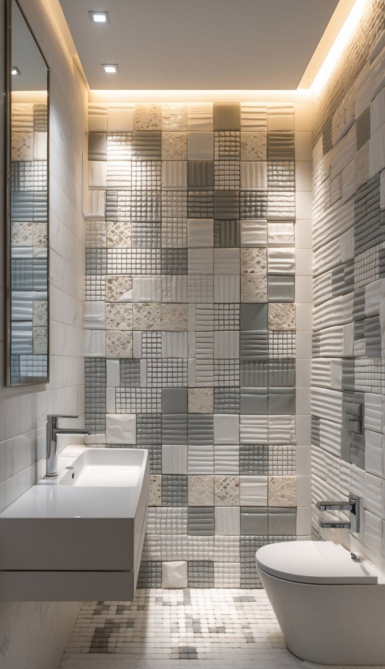 Small bathroom interior with textured 3D wall tiles and modern fixtures.