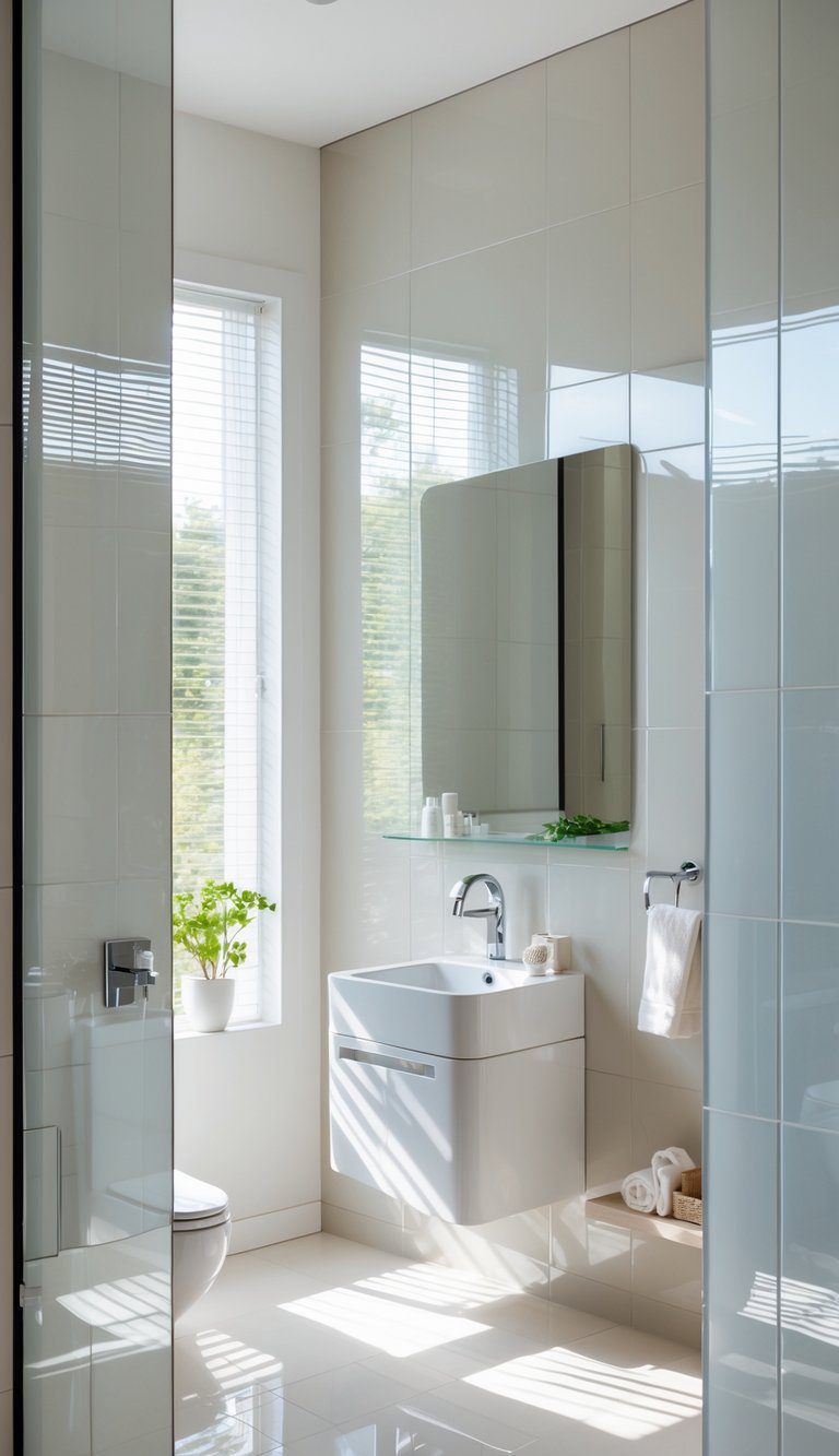A small bathroom with large shiny wall tiles and smaller floor tiles, featuring a white sink, mirror, and natural light coming through a window.