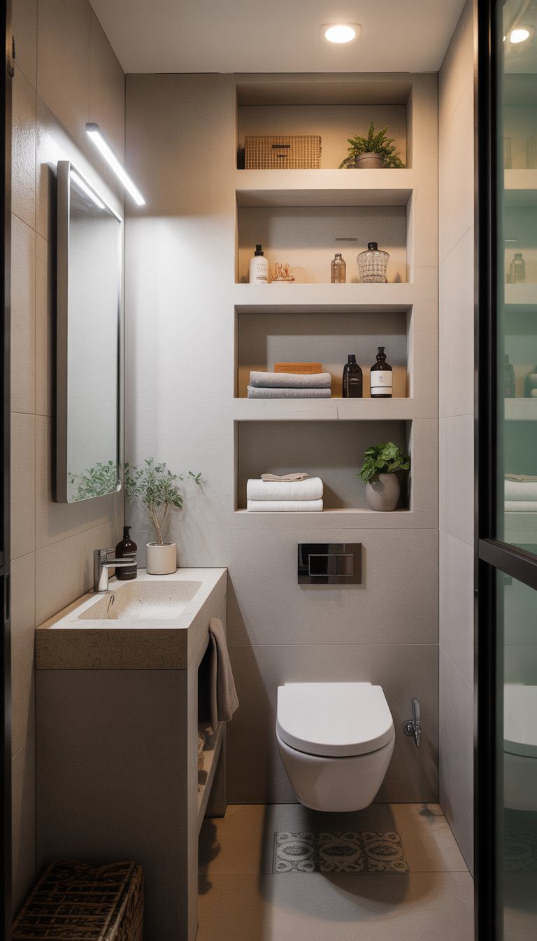 Small condo bathroom with recessed wall shelves holding toiletries and towels, a compact vanity, and a small window letting in natural light.