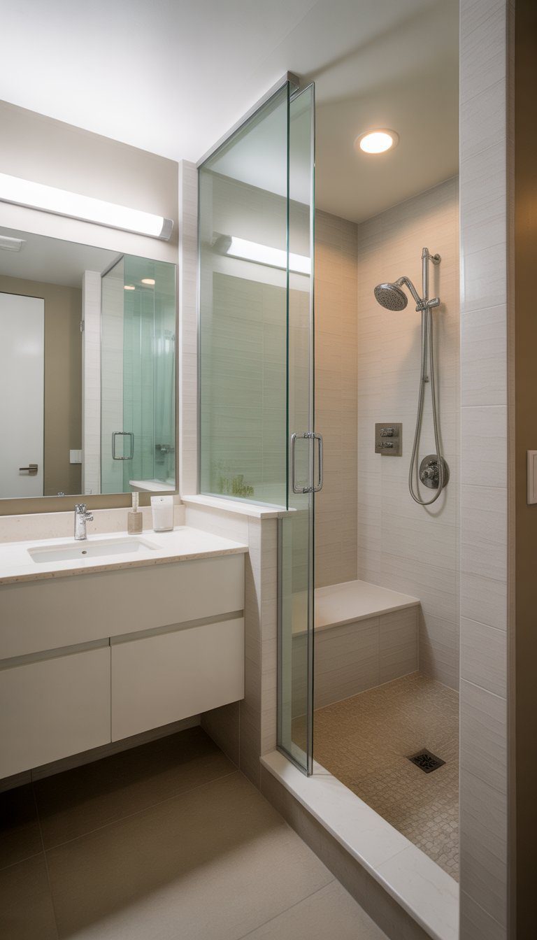 Small condo bathroom with a clear frameless glass shower door, white vanity, and bright lighting.