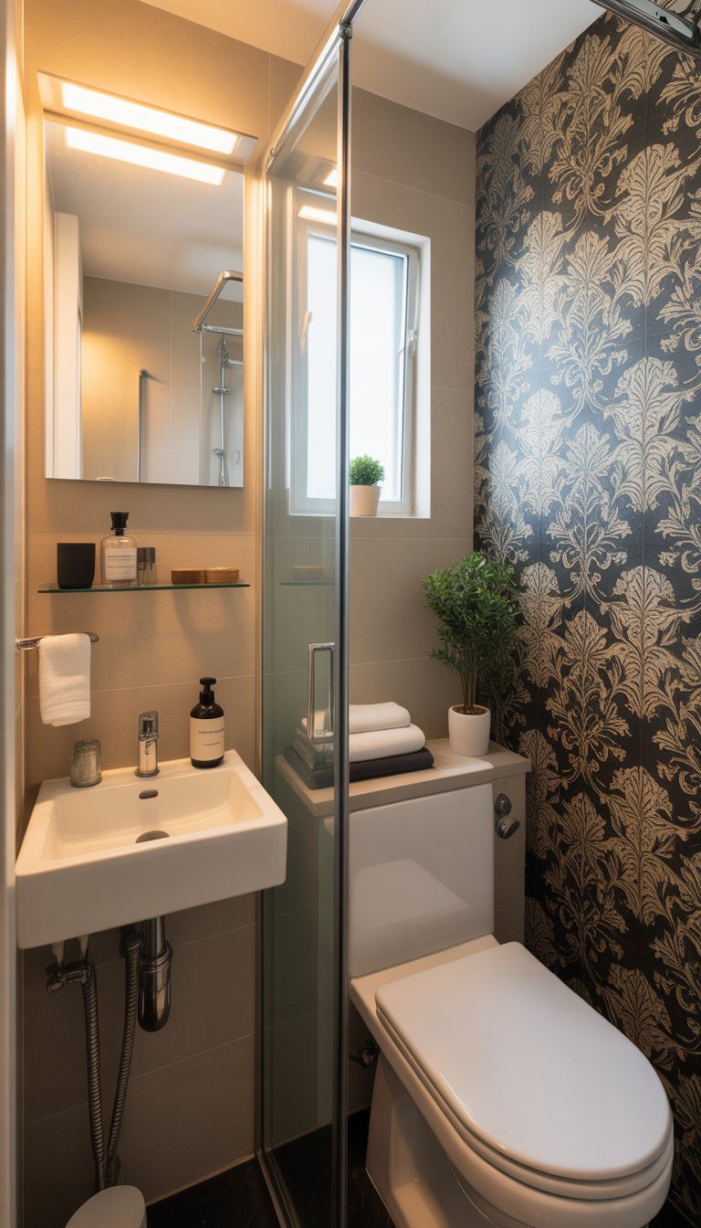Small condo bathroom with a statement wallpaper on one wall, a white sink, mirror, shower with glass doors, and decorative plants.