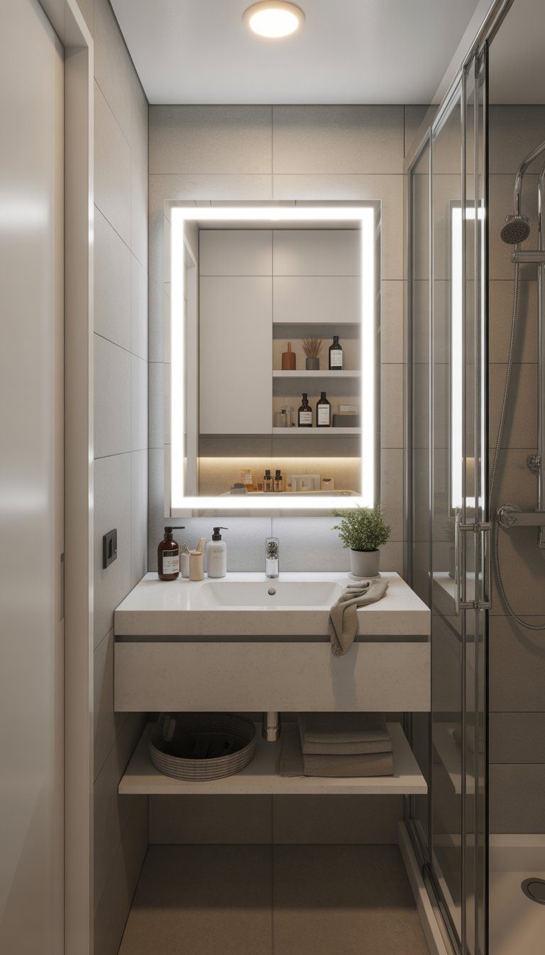 A small condo bathroom with an LED backlit mirror featuring built-in storage, a floating vanity, glass shower, and neatly organized toiletries.