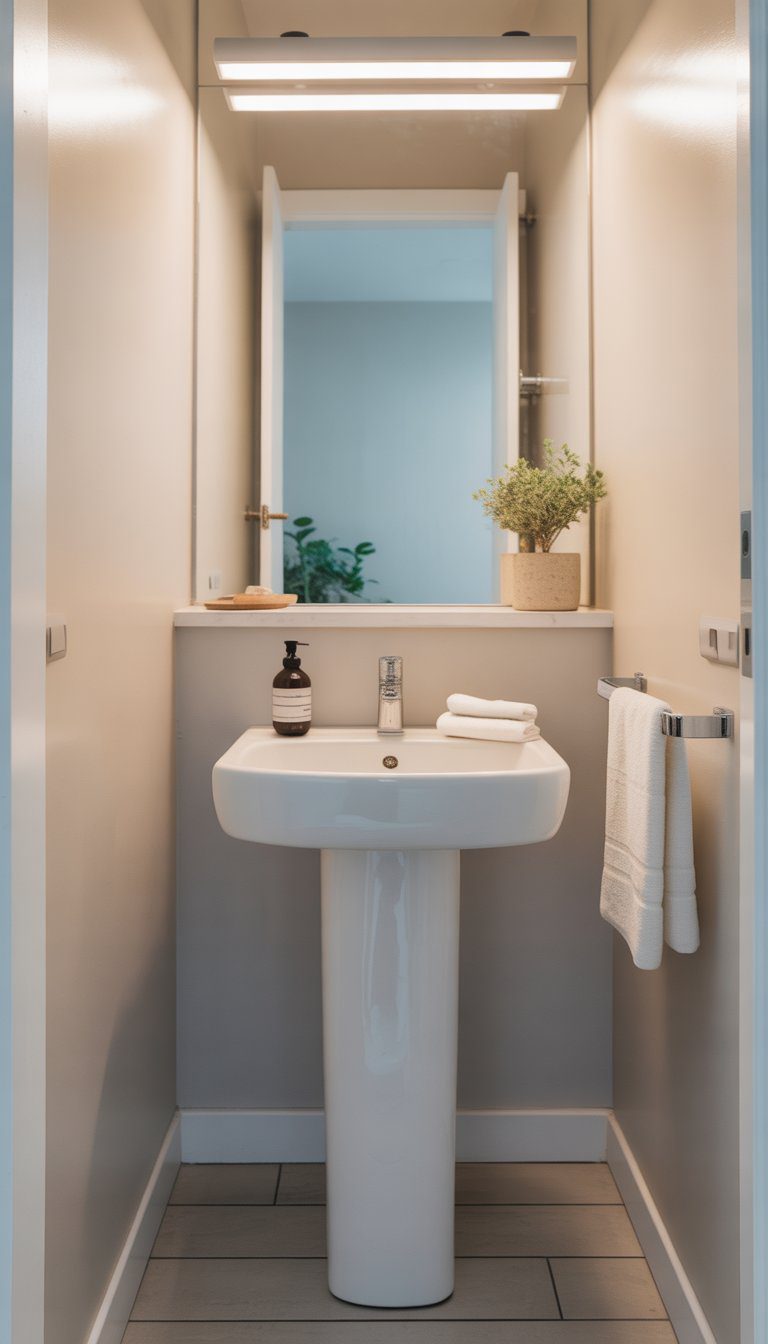 A small bathroom with a white pedestal sink, a mirror, and a towel rack, featuring light gray tiled floor and a small plant on a shelf.