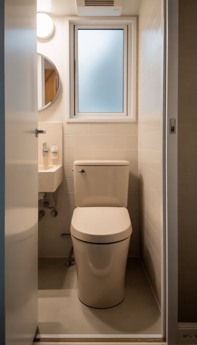 Small condo bathroom with a compact dual-flush toilet, floating vanity, and a round mirror, illuminated by natural light.