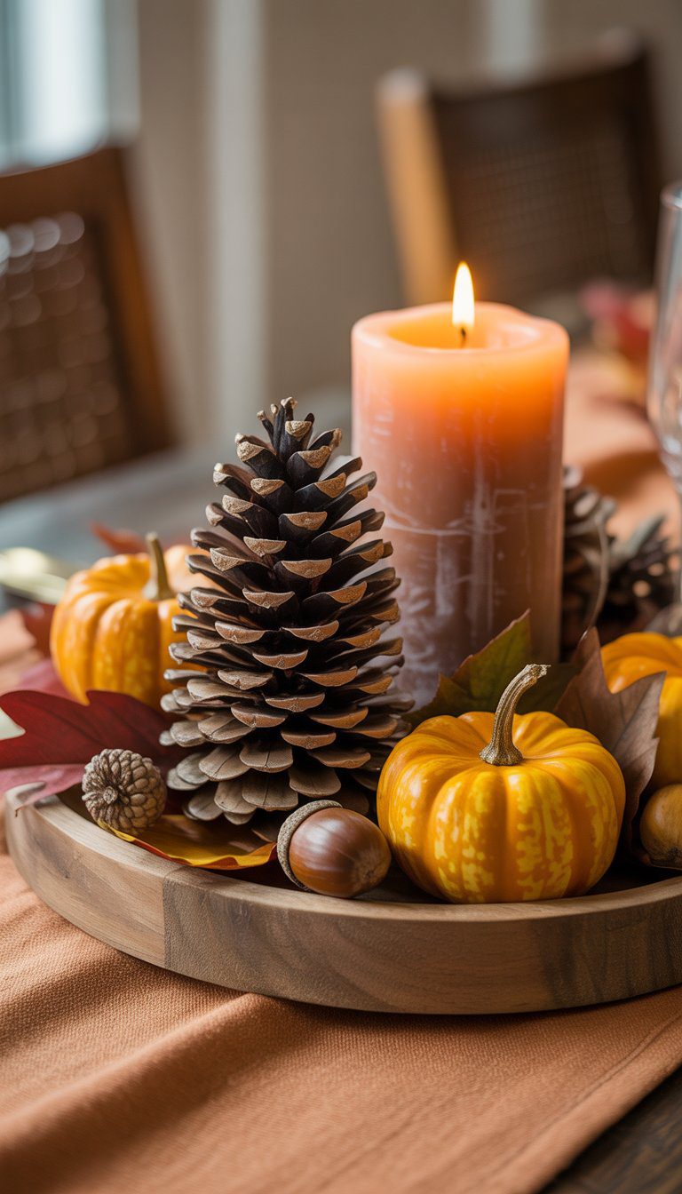 A Thanksgiving table centerpiece with a pine cone and a pillar candle surrounded by small pumpkins and autumn leaves on a wooden tray.