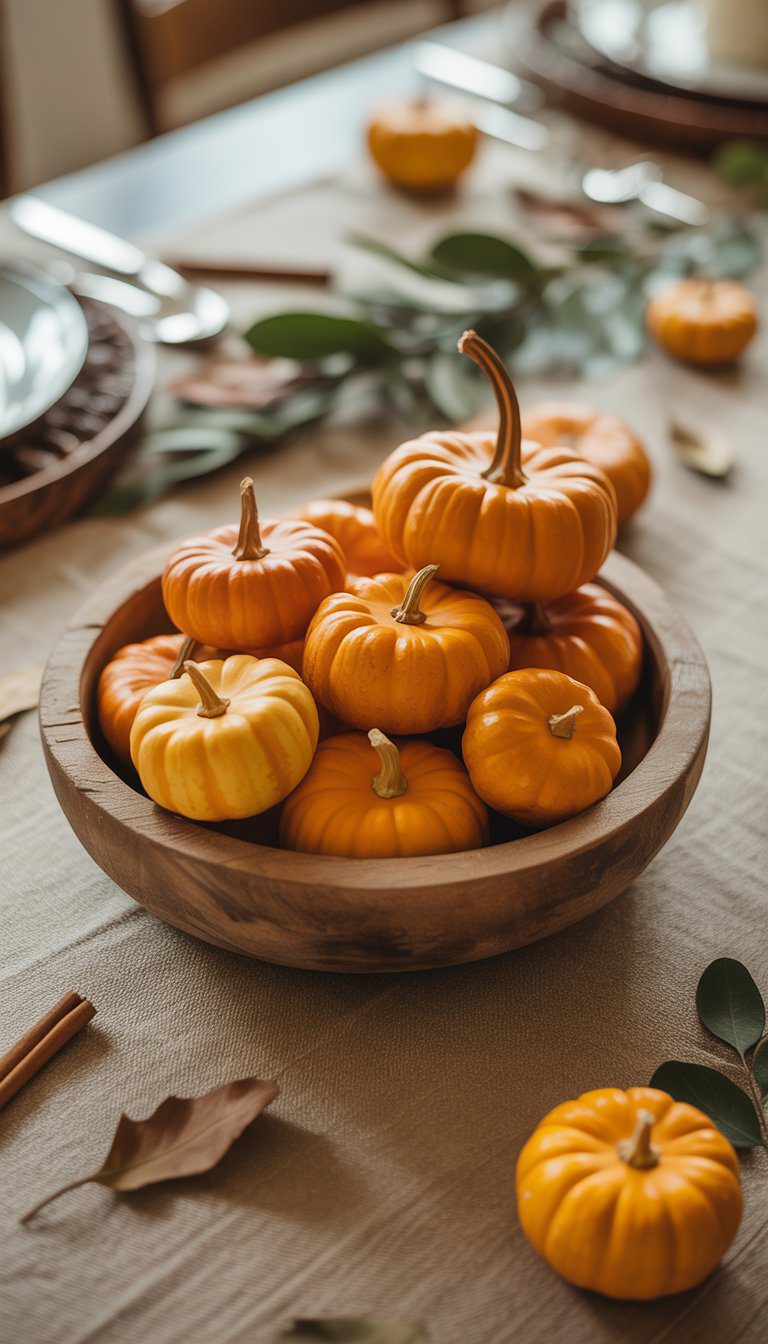A wooden bowl filled with small orange mini pumpkins on a table with autumn leaves and cinnamon sticks.