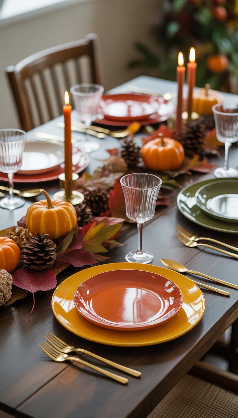 A Thanksgiving table set with colorful fall chargers, white plates, candles, small pumpkins, and autumn decorations.