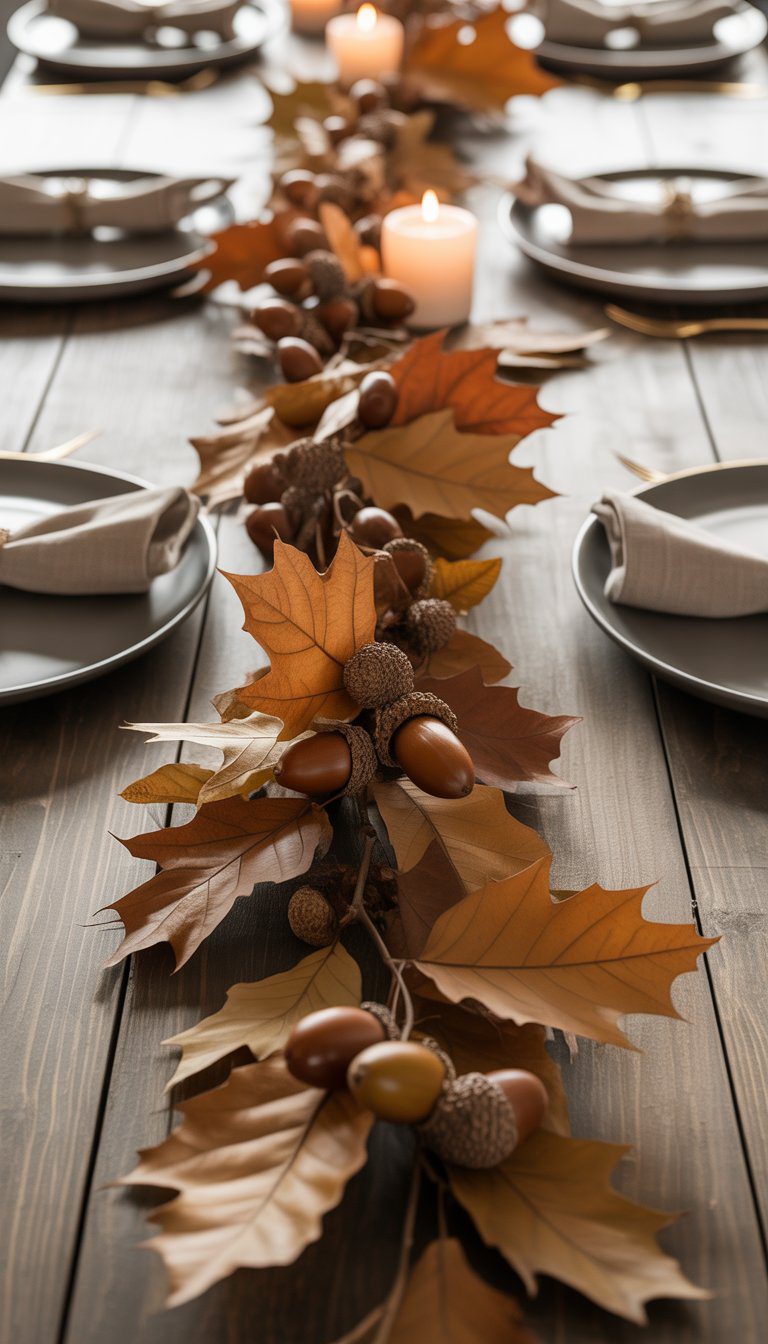 A Thanksgiving table decorated with a garland of dried leaves and acorns on a wooden surface, surrounded by simple table settings.