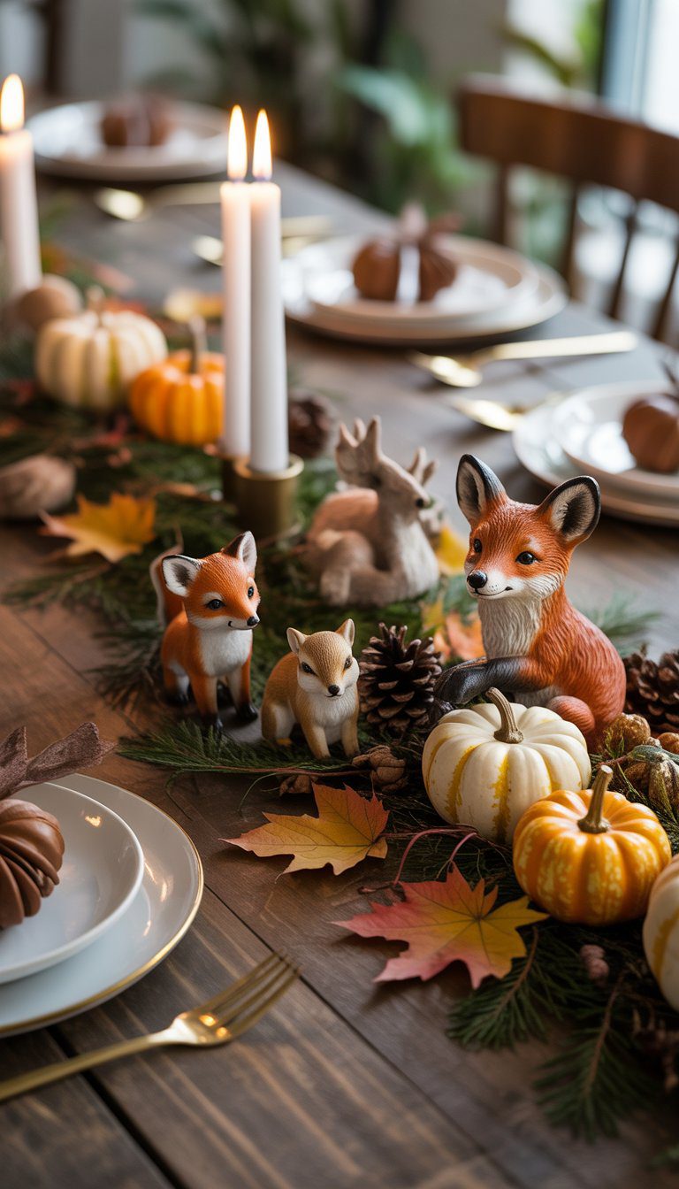 A Thanksgiving table decorated with small woodland animal figurines, pumpkins, autumn leaves, pine cones, and candles on a wooden surface.