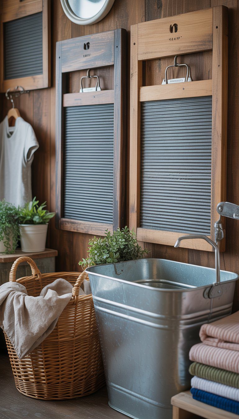 Laundry room with vintage washboards hanging on a wooden wall, a wicker basket with linens, folded towels, and potted plants.