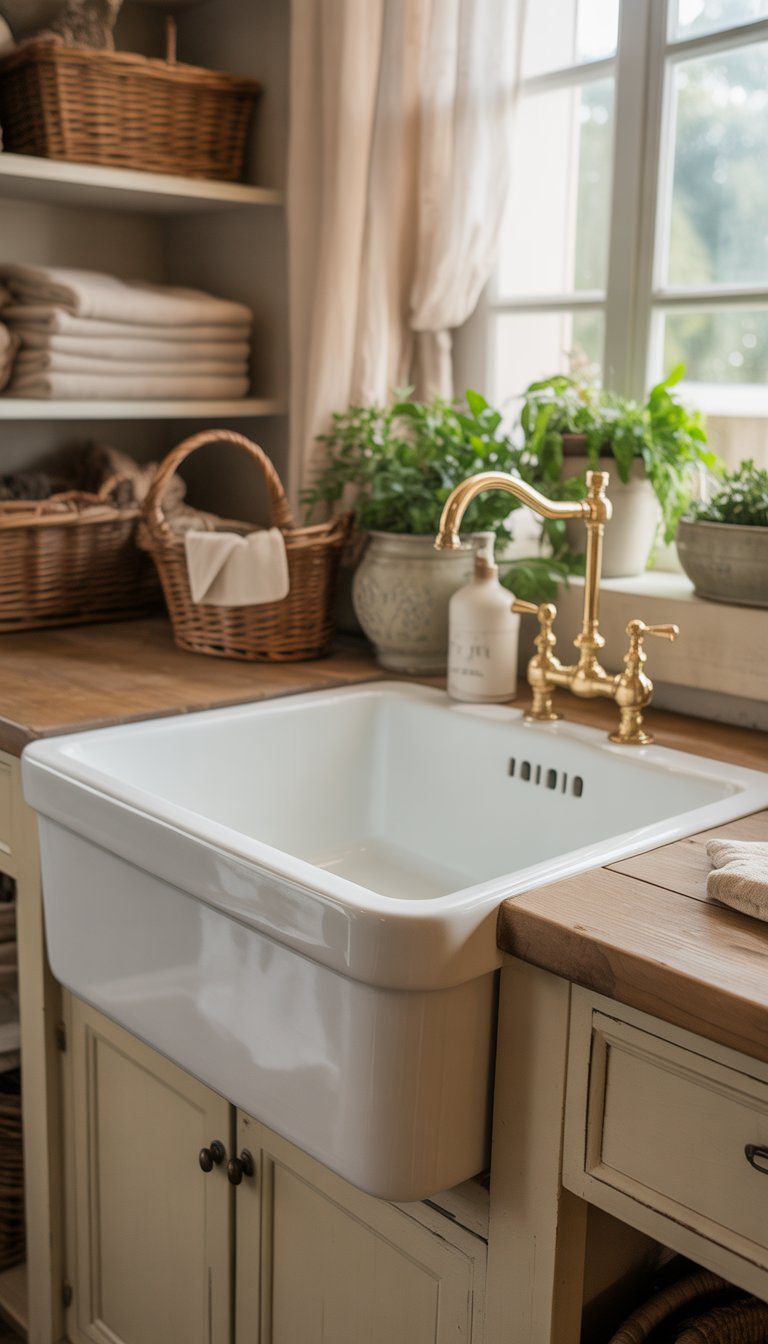 A bright laundry room featuring a large white porcelain farmhouse sink with wooden countertops, vintage faucets, shelves with folded linens, and potted plants.