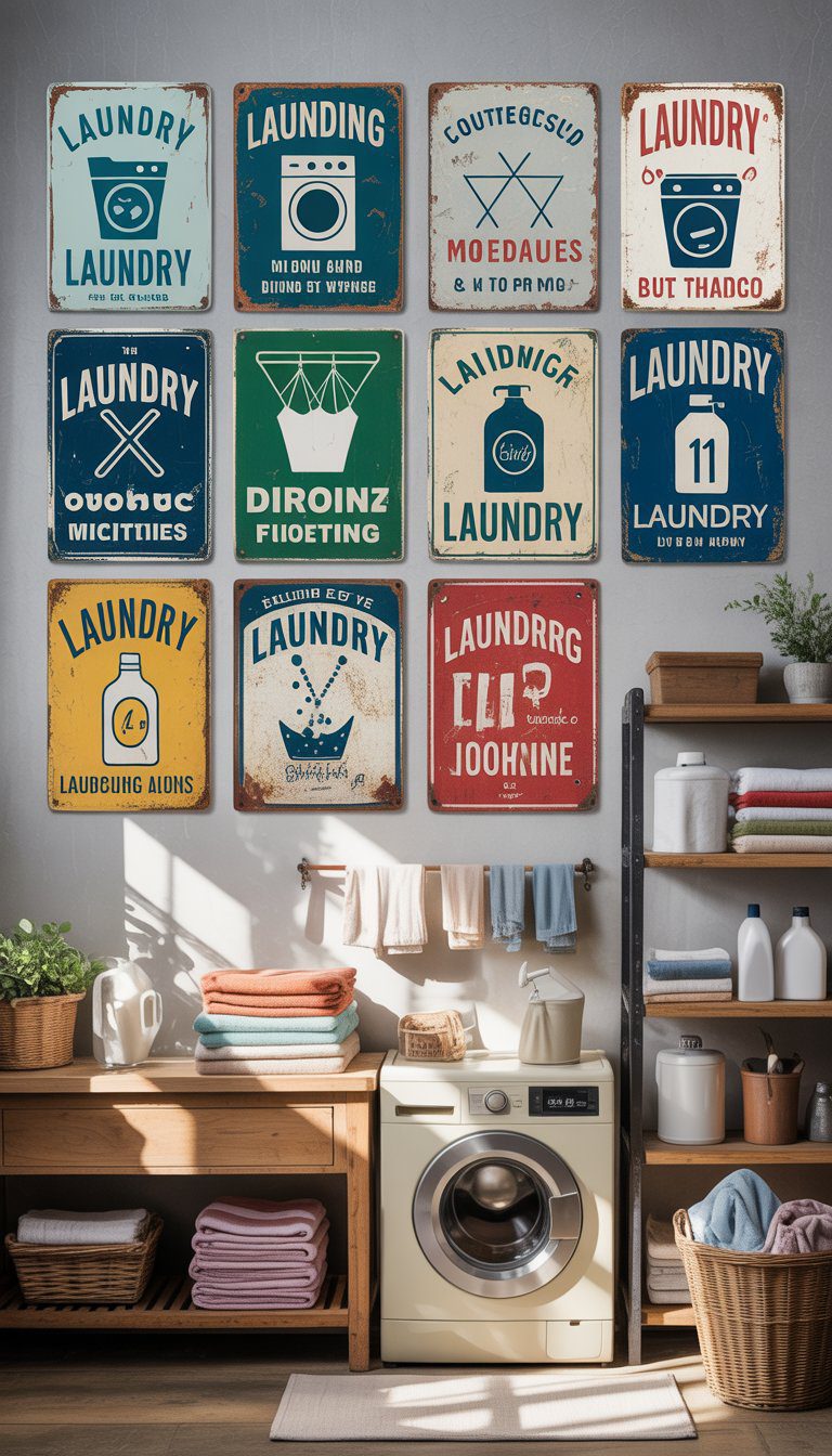 A clean laundry room with vintage metal laundry signs displayed on the wall above a washing machine and shelves with laundry supplies.