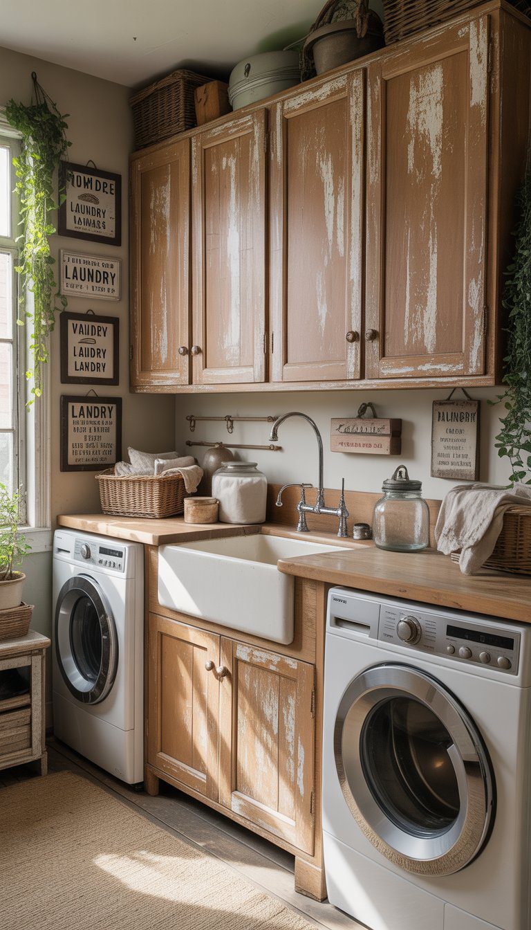 A laundry room with distressed wooden cabinets, a farmhouse sink, washing machine and dryer, natural light, and vintage laundry accessories.