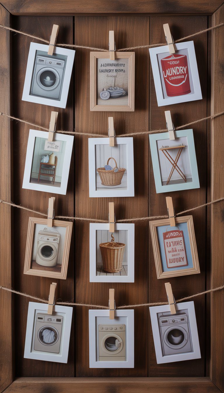 A wooden wall with twelve small vintage laundry room pictures clipped with clothespins on horizontal strings.
