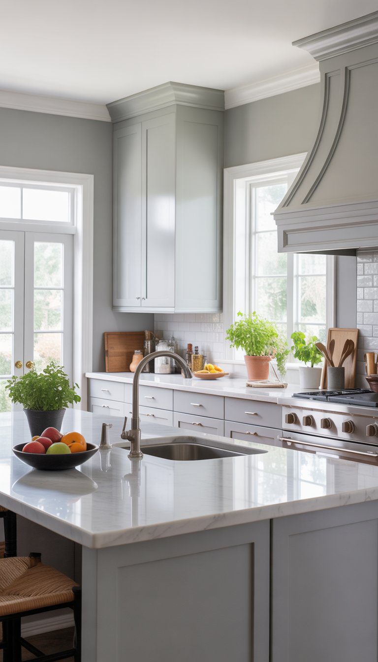 A modern kitchen with light gray walls, white cabinets, marble island, stainless steel appliances, and natural light coming through large windows.