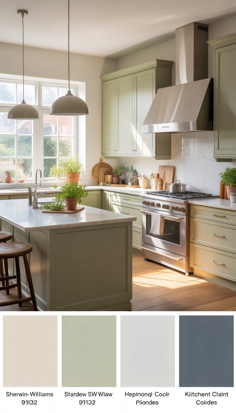 A bright kitchen with green cabinets, white countertops, stainless steel appliances, and natural light coming through large windows.