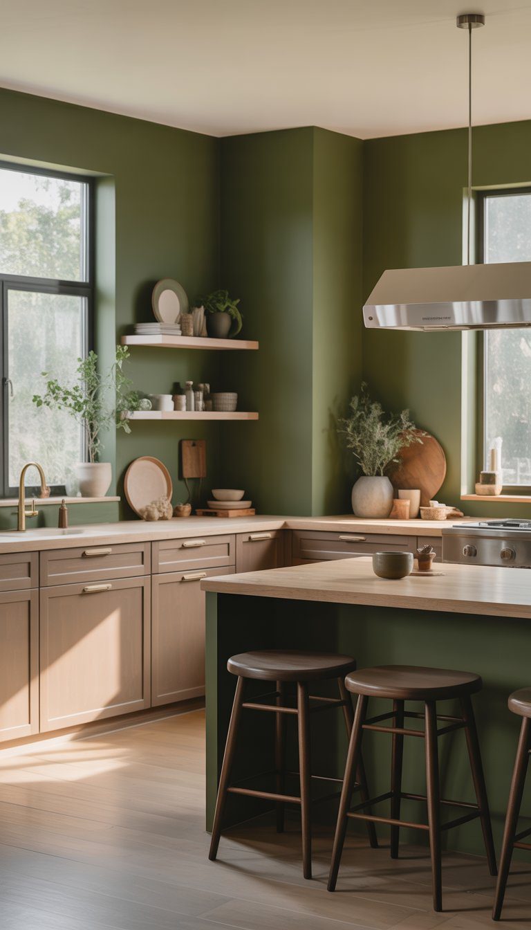 A modern kitchen with deep green walls, wood countertops, and natural light coming through large windows.